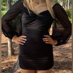 B Darlin Black Ruched Bodycon Dress with Bishop Sleeves